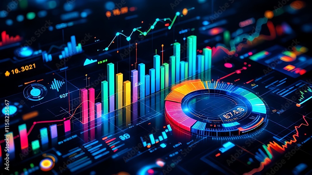 Aufkleber perspective view on infographic chart with digital graphs, diagram and indicators on dark background