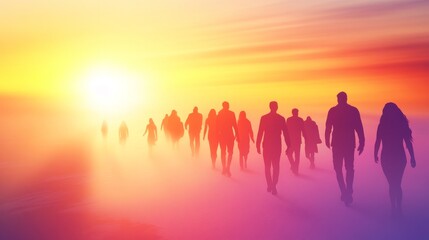 Fototapeta premium Silhouetted figures walking towards sunset glow.