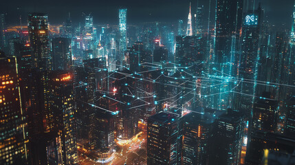 Naklejka premium Smart digital Innovation city with connection network reciprocity over the cityscape. of future smart wireless digital city and social media networking systems that connects people with in city