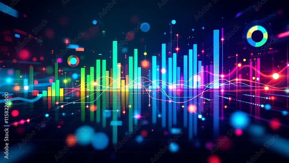Poster perspective view on infographic chart with digital graphs, diagram and indicators on dark background