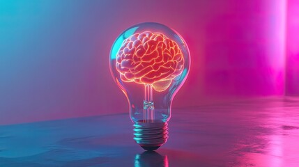 Glowing brain inside a lightbulb on a reflective surface, illuminated by neon lights.