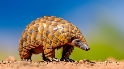 Fototapeta premium A striking close-up of a pangolin, showcasing its unique, armored scales.