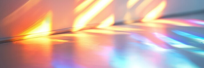 Obraz premium A blurred rainbow light refraction overlay with organic diagonal holographic flares on a white wall, creating natural shadow and light effects for mockups..