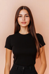 Obraz premium A woman with long hair is wearing a black shirt and black pants