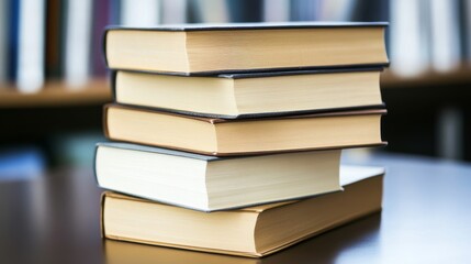 Stack of books on wooden table in library