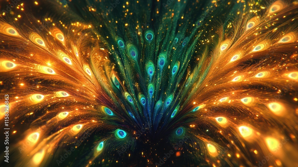 Fototapete Captivating fan like display of vibrant peacock tail feathers with color gradients and shimmering highlights. Generative AI
