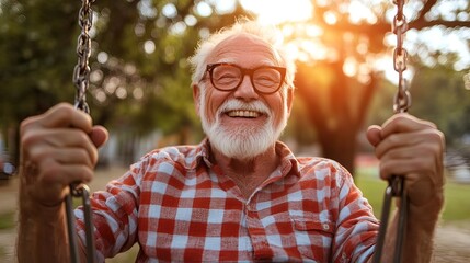 Happy senior man with glasses smiling while swinging outdoors in a park at sunset.