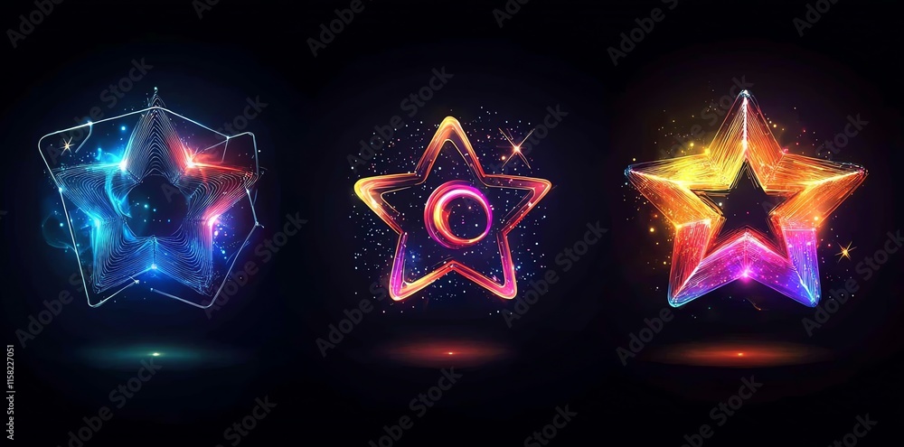 Poster three colorful star designs with cosmic elements on a dark background.
