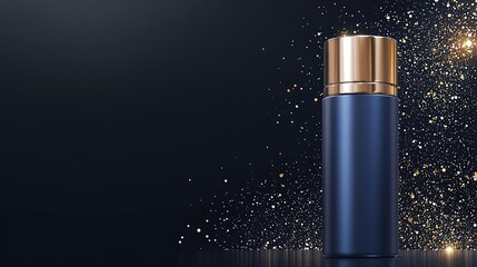 A skipper blue perfume bottle with metallic accents, placed on a sleek black background with glowing highlights, perfect for advertising, balanced composition,