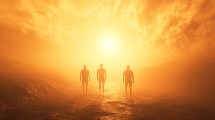 Fototapeta premium Three figures walking towards a bright horizon.