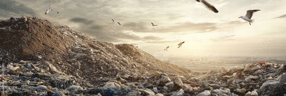 Poster massive landfill with seagulls flying overhead at dusk, offering mock up space for text placement. g