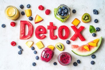An overhead shot of the word "Detox" designed with a variety of vibrant fruit slices like watermelon, mango, and raspberries, complemented by tiny smoothie jars on a white table.
