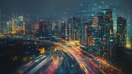 Obraz premium Smart digital Innovation city with connection network reciprocity over the cityscape. of future smart wireless digital city and social media networking systems that connects people with in city