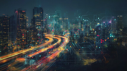 Obraz premium Smart digital Innovation city with connection network reciprocity over the cityscape. of future smart wireless digital city and social media networking systems that connects people with in city