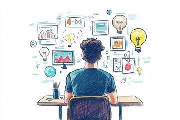 A colorful flat design illustration in pastel tones, featuring a front-view cartoon drawing that represents creative strategy and critical thinking concepts..