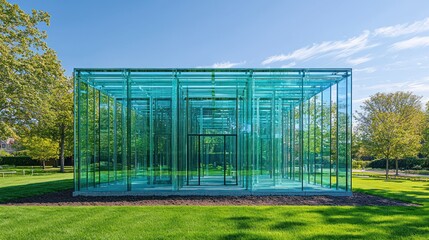 A transparent glass structure in a park, showcasing modern architectural design.