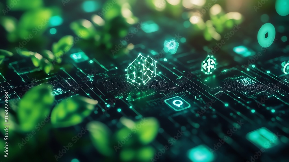 Aufkleber A digital landscape blending technology and nature with glowing elements and plants.
