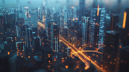 Obraz premium Smart digital Innovation city with connection network reciprocity over the cityscape. of future smart wireless digital city and social media networking systems that connects people with in city