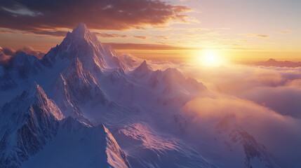 A beautiful mountain range with snow and clouds, the sun is setting behind it