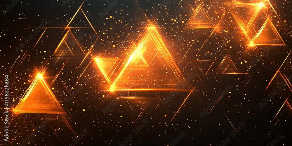 Poster Abstract design featuring glowing orange triangles and sparkles on a dark background.