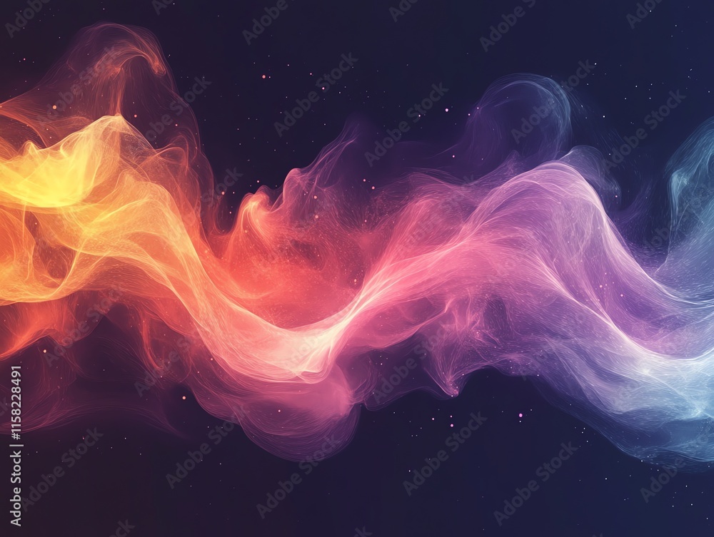Poster a vibrant, flowing abstract design with colorful wisps resembling smoke or light.