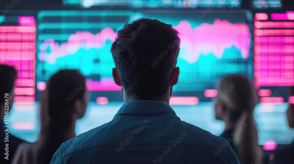 Poster business team analyzing big data on multiple screens in control room