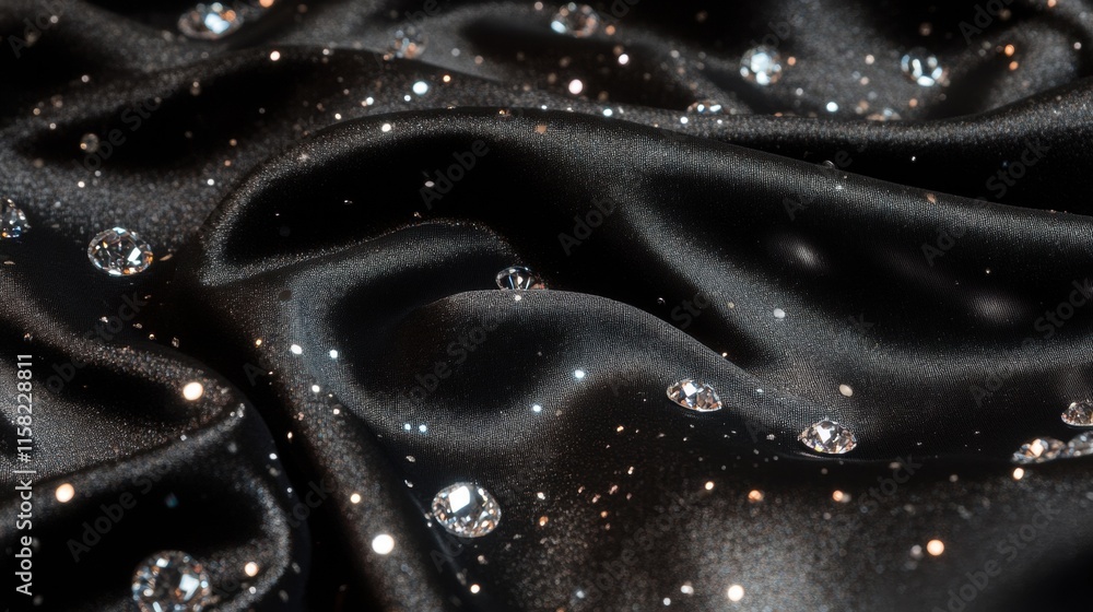 Leinwandbilder Sparkling diamonds on smooth black fabric create an elegant display with ideal space for text and mock up designs. Generative AI