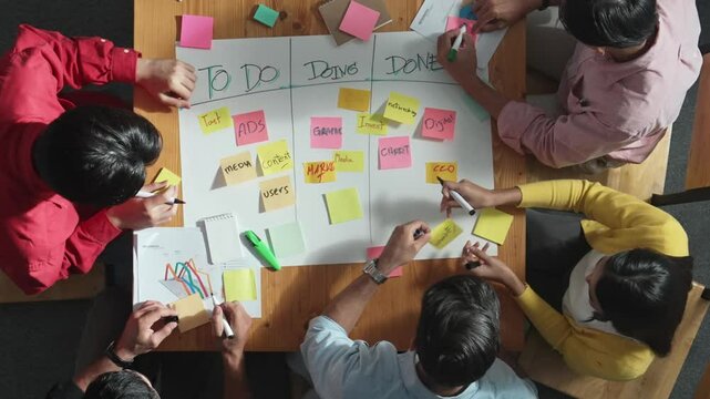 Time lapse of people writing and making scrum task board while writing marketing and planning strategy at colorful sticky notes. Smart team manage work performance by using kanaban board. Convocation.