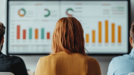Business team analyzing complex charts on digital screen in office meeting