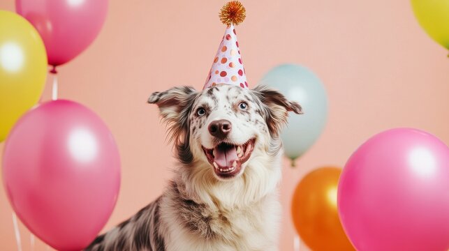 Australian Shepherd with 2025 decorations. Featuring a lively New Year��s scene with balloons and streamers