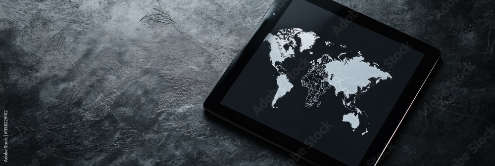 Leinwandbilder modern flat lay with tablet showing a detailed world map and ample copy space for creative text plac