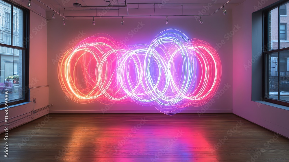Poster A vibrant light installation with colorful circular patterns in a modern gallery space.