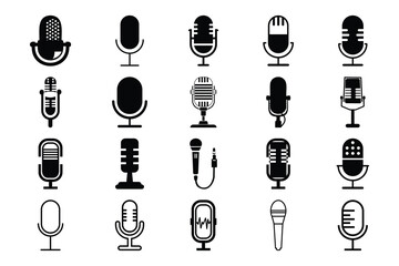 Set of Isolated Microphone Icon Vectors, Microphones design collection. Set of microphone icons. microphone logo design podcast with microphone logo.