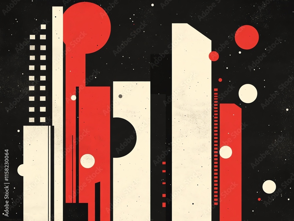 Poster abstract geometric design featuring vertical shapes and circles in red, white, and black.