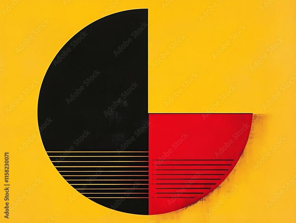 Poster a geometric design featuring a black and red semicircle on a bright yellow background.
