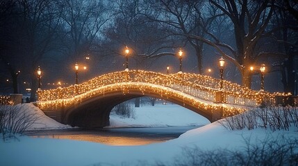A photograph of an ornate bridge adorned with Christmas lights, arching over the snow-covered ground in Central Park during the winter night.  the warm lighting against the cool, snowy backdrop.