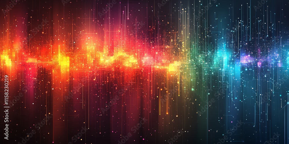 Aufkleber abstract digital visualization of sound waves with vibrant colors and light effects.