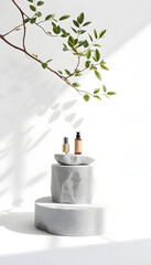 3D podium stone display on white background. Natural branch with leaves. Cosmetic, beauty product promotion. Rock pedestal with tree shadow.  Natural, showcase. Abstract minimal studio 3D render, Dy