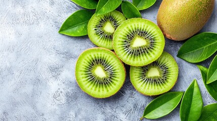 Sliced kiwi revealing its intricate seed pattern, placed on a minimalistic background, balanced composition, room for advertising text,