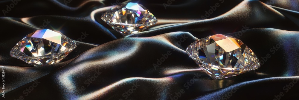 Aufkleber Sparkling large diamonds on luxurious black satin fabric with copy space for text and elegant display. Generative AI