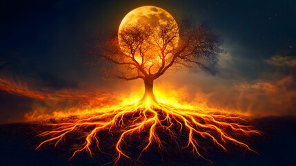 Full moon tree with burning roots night sky glowing branches mystical landscape fiery ground ethereal atmosphere glowing horizon
