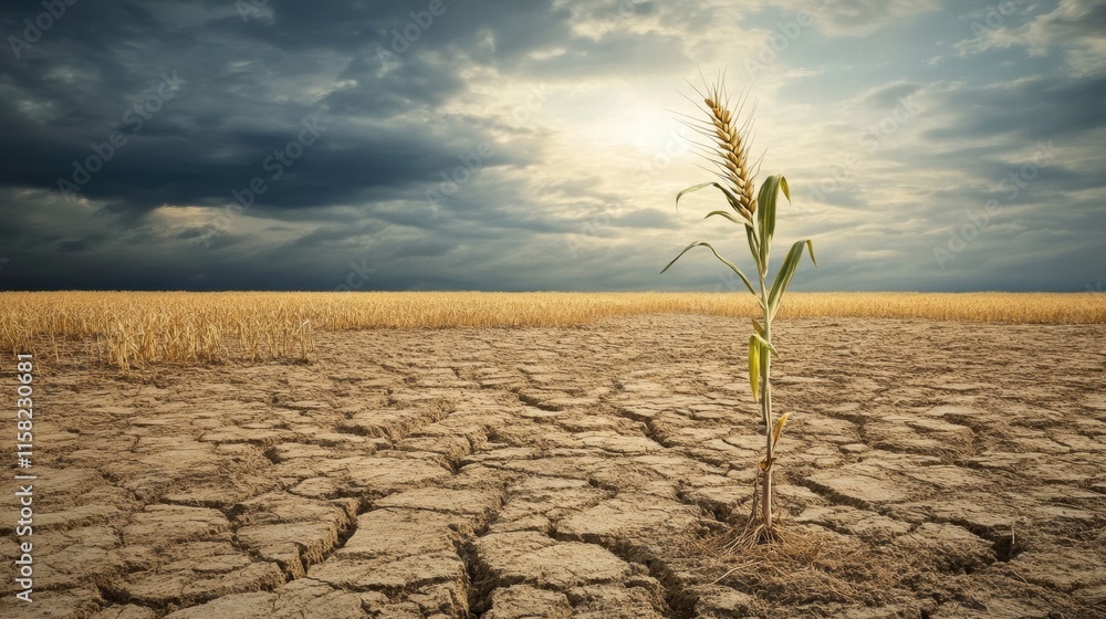 Poster dry barren field with a solitary stalk of withered wheat against an overcast sky at dusk. generative