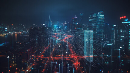 Fototapeta premium Smart Innovation city with connection cyber security network reciprocity over the cityscape . future wireless digital city and social media networking systems that connects people with in the city