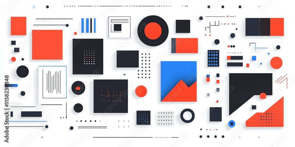 Poster A colorful abstract composition with geometric shapes and patterns.