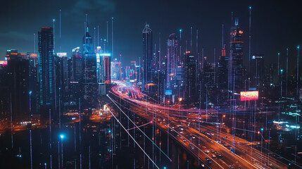 Fototapeta premium Smart Innovation city with connection cyber security network reciprocity over the night cityscape future wireless digital city and social media networking systems that connects people in the city