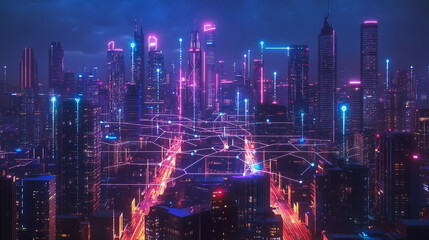 Smart Innovation city with connection cyber security network reciprocity over the night cityscape future wireless digital city and social media networking systems that connects people in the city