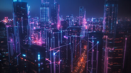 Smart Innovation city with connection cyber security network reciprocity over the night cityscape future wireless digital city and social media networking systems that connects people in the city