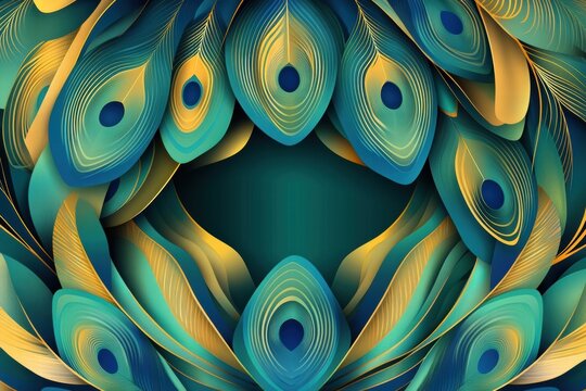 Overlapping peacock feathers create a stunning pattern with a central area perfect for text placement. Generative AI