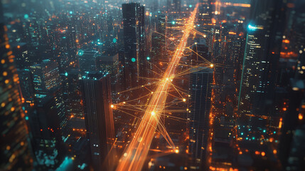 Smart Innovation city with connection cyber security network reciprocity over the night cityscape future wireless digital city and social media networking systems that connects people in the city