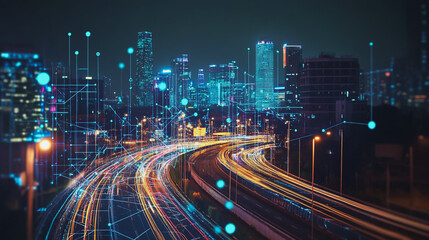 Obraz premium Smart Innovation city with connection cyber security network reciprocity over the night cityscape future wireless digital city and social media networking systems that connects people in the city
